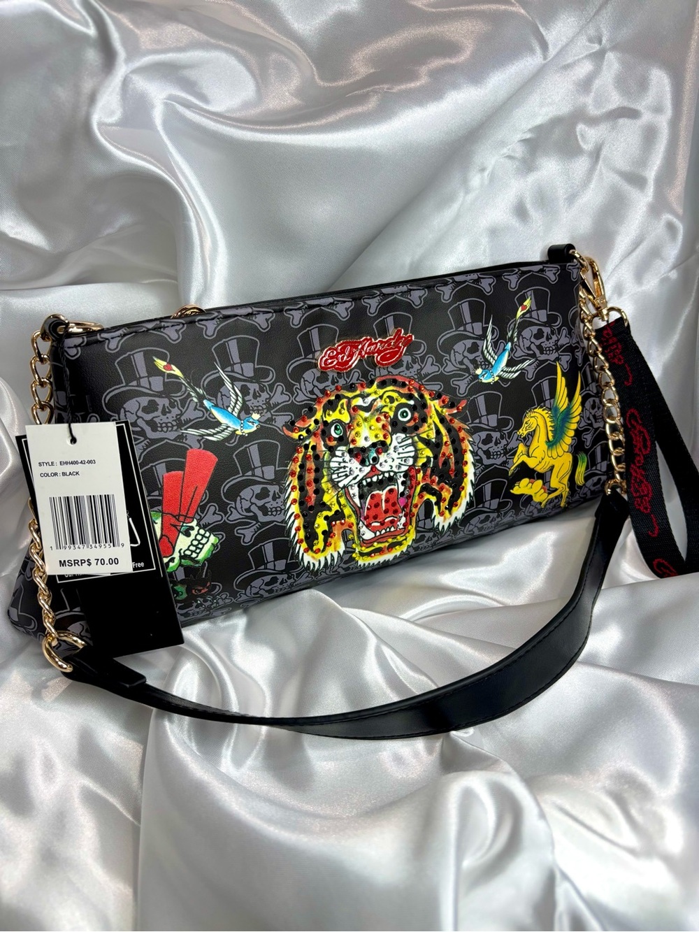 Ed Hardy Y2K Punk Skull Crossbones Pegasus Tiger Rhinestones Black Shoulder Bag